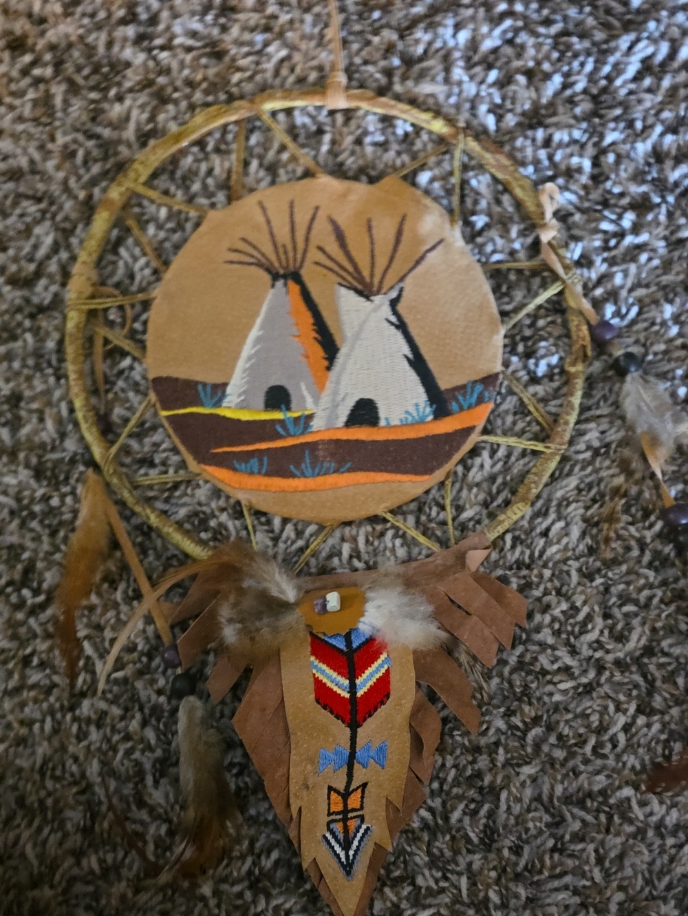 Handmade Native-Style Dreamcatcher with Teepee Embroidery